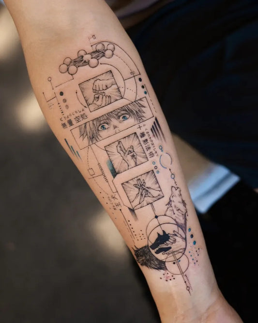 Big Geometric Jujutsu Kaisen Panels and Wolf on Men Arm Tattoo by @kimi_tattooist