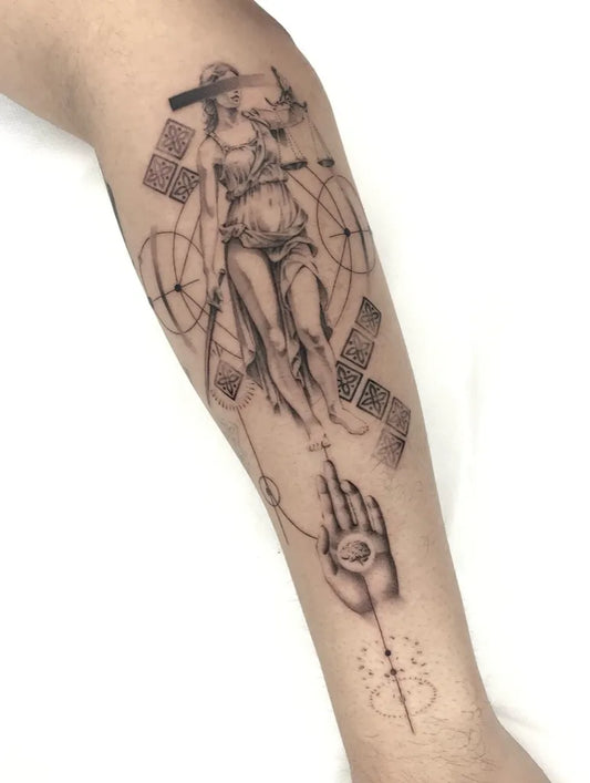 Big Geometric Lady Justice with Scales and Sword on Women Arm Tattoo by @shady_cook