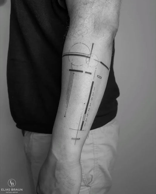 Big Geometric Lines Circles Squares on Men Arm Tattoo by @elias.braun_tattoo