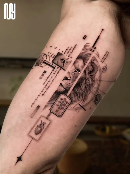 Big Geometric Lion Geometric Elements on Men Arm Tattoo by @noamyona___