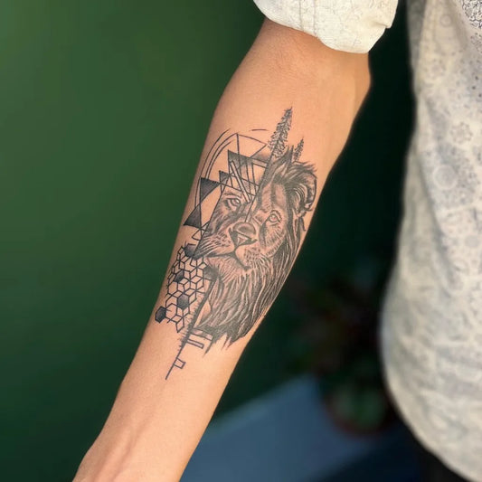 Big Geometric Lion Tree Key on Men Arm Tattoo by @greeninktattoo.ahm