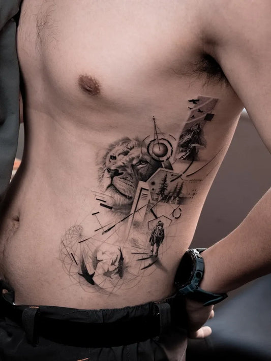 Big Geometric Machine Bird Face on Men Torso Tattoo by @deartattoohk