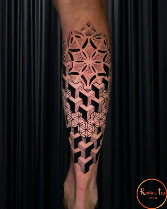 Big Geometric Mandala Cubes Sacred Geometry on Men Leg Tattoo by @routine_ink_bali