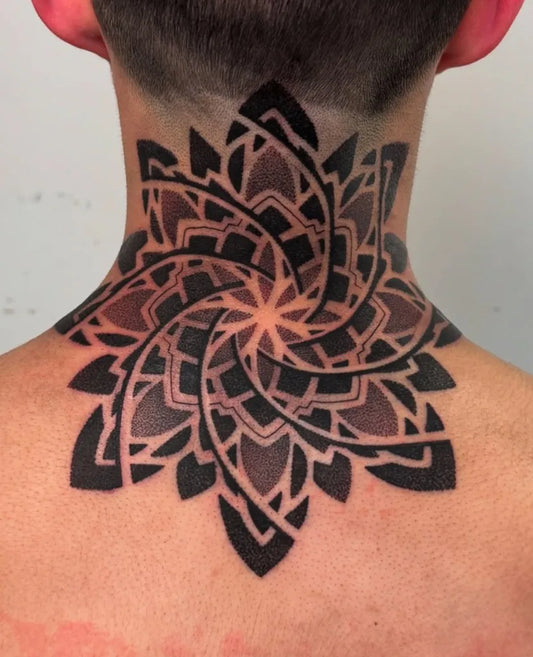 Big Geometric Mandala Flower on Men Neck Tattoo by @hontattoostudio