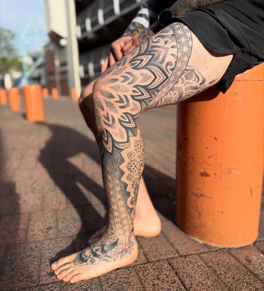 Big Geometric Mandala Leg on Men Leg Tattoo by @joekintztattooing
