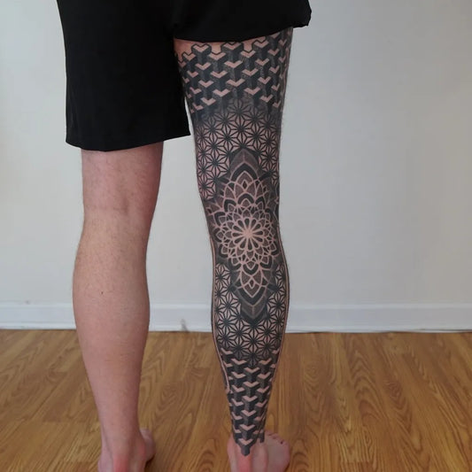 Big Geometric Mandala Tattoo on Men Leg by @n.e.e.n.o