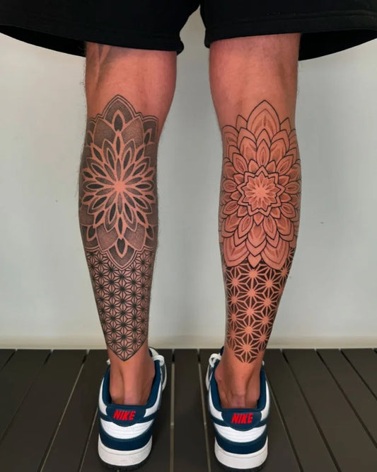 Big Geometric Mandala and Flower on Men Leg Tattoo by @jblessink