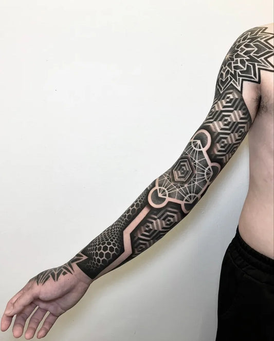 Big Geometric Mandala and Hexagon Patterns on Men Arm Tattoo by @jayy.tattoo