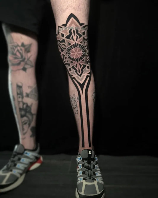 Big Geometric Mandala and Rose on Men Leg Tattoo by @julianavillegas.tattoo