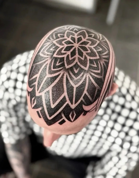 Big Geometric Mandala on Men Head Tattoo by @royaleink