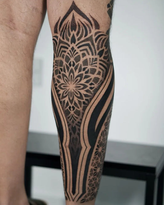 Big Geometric Mandala on Men Leg Tattoo by @niki___niki___niki