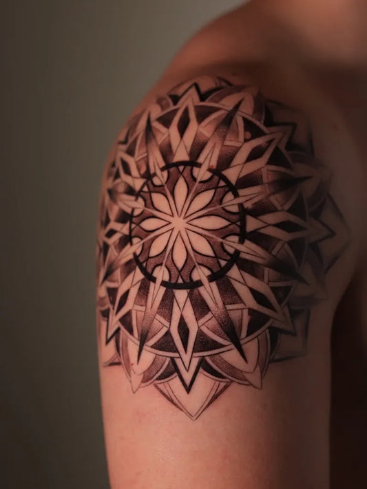 Big Geometric Mandala on Men Shoulder Tattoo by @gaile.laura