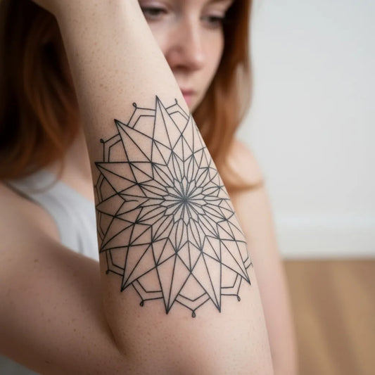 Big Geometric Mandala on Women Elbow Tattoo by @daily_tattoo_idea