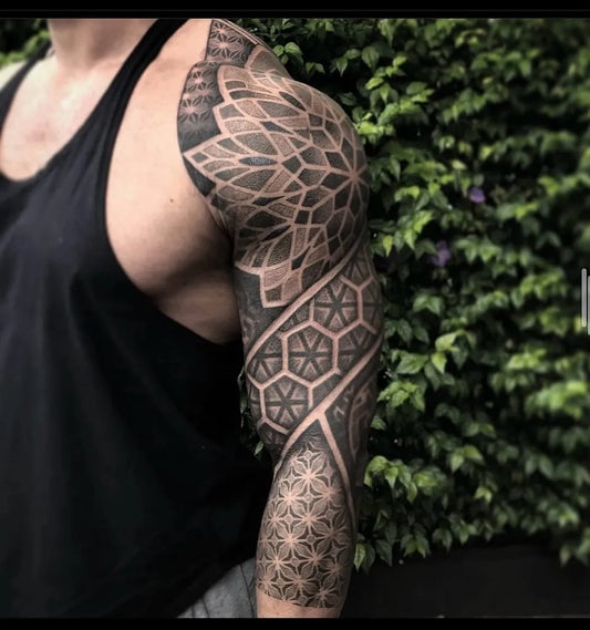 Big Geometric MandalaHexagons on Men Arm Tattoo by @andrezinhotattooart8