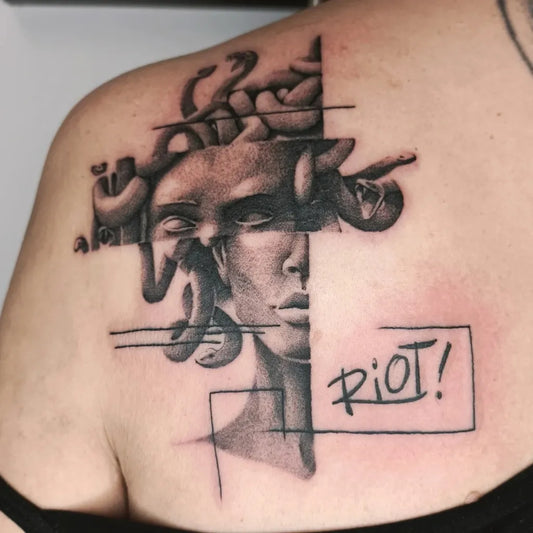 Big Geometric Medusa Riot Text on Women Shoulder Tattoo by @alice_thewhiterabbit