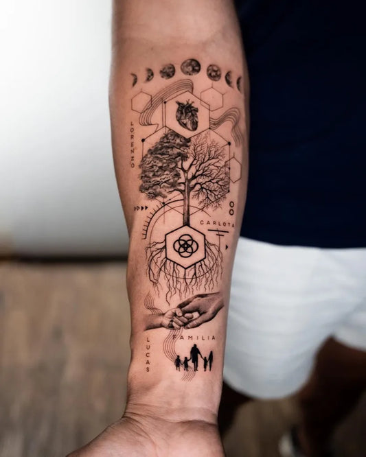 Big Geometric Moon Tree Family on Men Arm Tattoo by @tinascka.tt