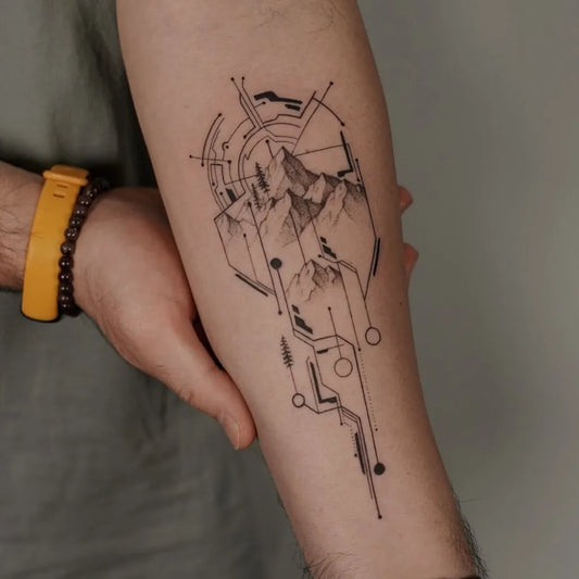 Big Geometric Mountain Circuit on Men Arm Tattoo by @swink.inc