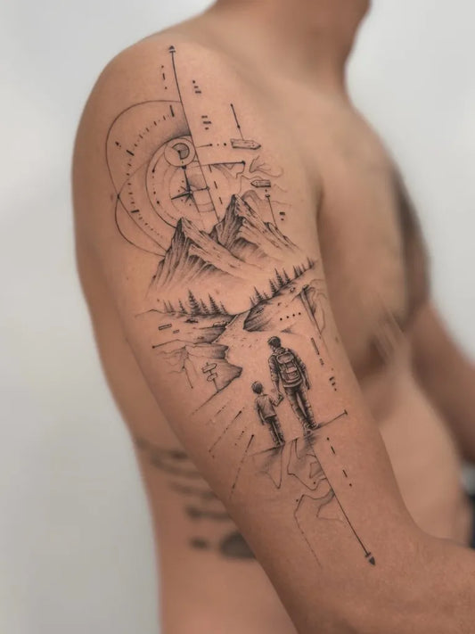 Big Geometric Mountain Landscape with Father and Son on Men Arm Tattoo by @judz.ttt
