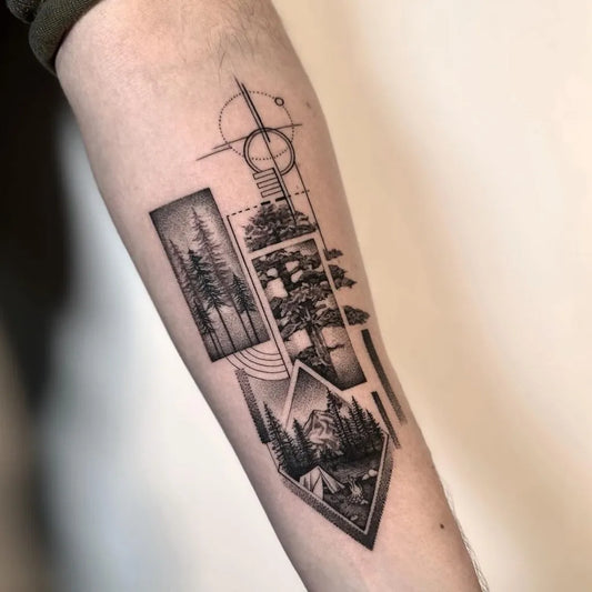 Big Geometric Mountain Tree Landscape on Men Arm Tattoo by @inkadd_tattoo