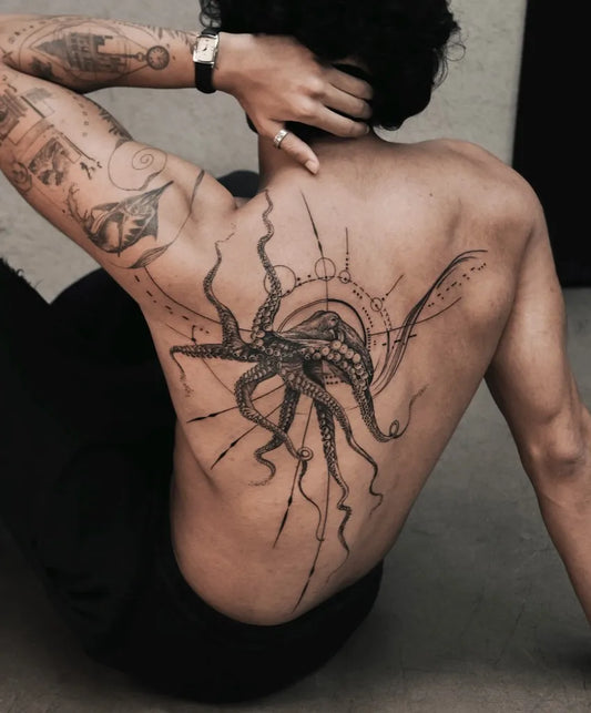 Big Geometric Octopus on Men Back Tattoo by @ulassyesilyurt