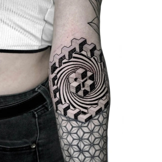 Big Geometric Optical Cube Spiral Sacred Geometry Pattern on Women Arm Tattoo by @danielcorrea_tattoo