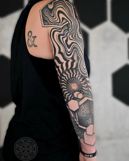 Big Geometric Optical Waves Mandala Hexagons on Women Arm Tattoo by @tattoosby.newyork