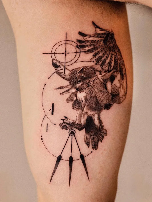 Big Geometric Owl with Geometric Elements on Women Thigh Tattoo by @ink.isaac.c