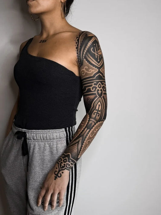 Big Geometric Patterns on Women Arm Sleeve Tattoo by @paradots_tattoo