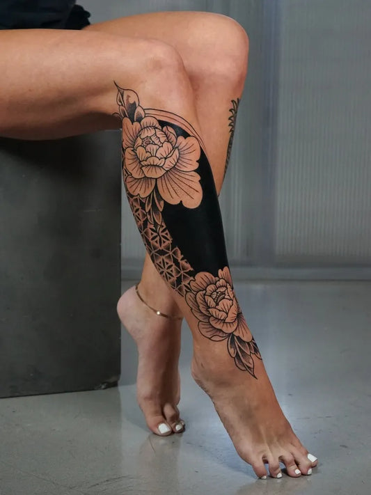 Big Geometric Peony Flowers on Women Leg Tattoo by @remybtattoo