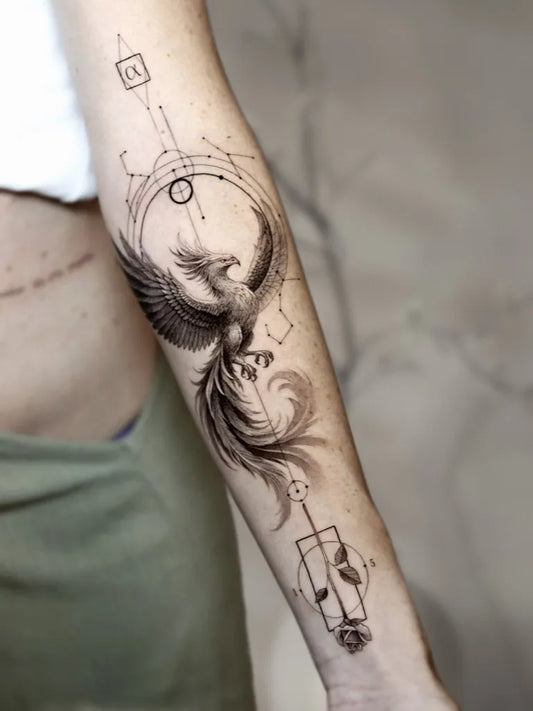 Big Geometric Phoenix and Rose on Women Arm Tattoo by @albertonavarro.tattoo