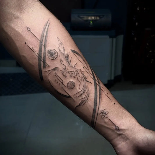 Big Geometric Phoenix with Geometric Lines and Symbols on Men Arm Tattoo by @artwork_sachin_