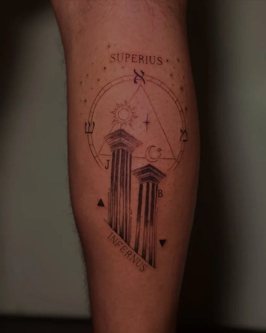 Big Geometric Pillars Compass Latin Text on Men Leg Tattoo by @weird.tatt