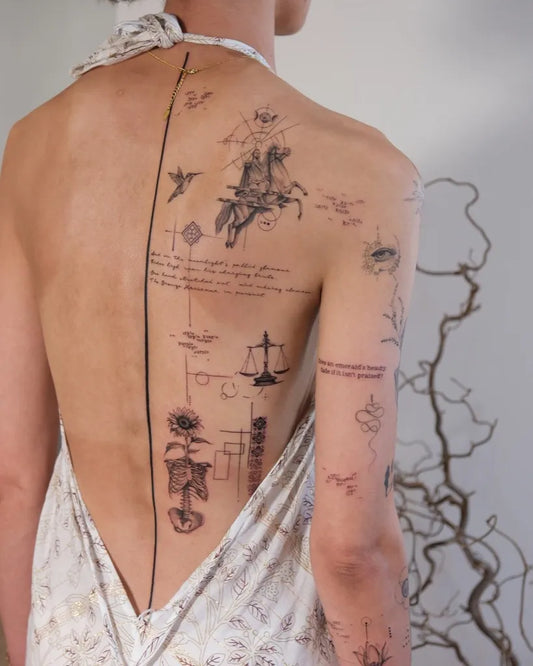 Big Geometric Rose Knight Bird on Women Back Tattoo by @block03studio