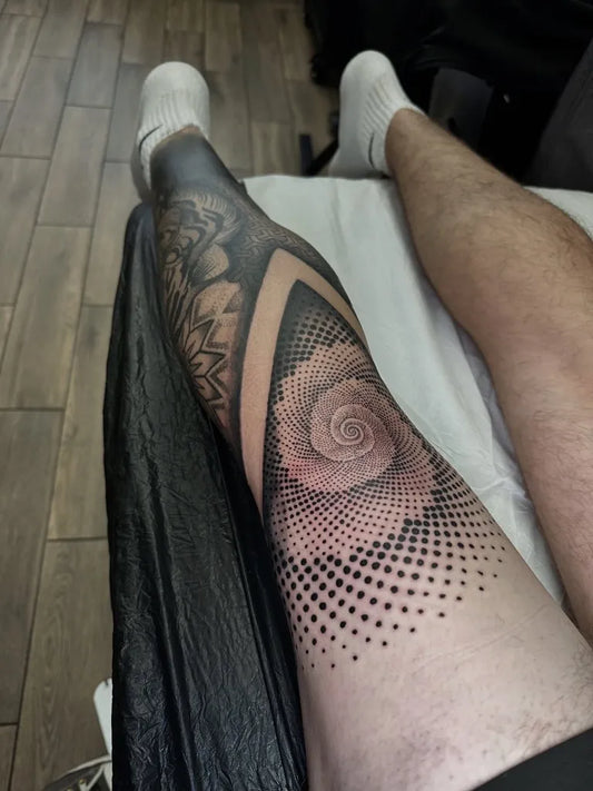 Big Geometric Rose and Triangle on Men Leg Tattoo by @grizzlyayretattoos