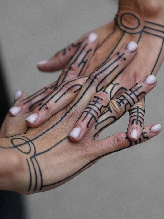 Big Geometric Runes on Women Hands Tattoo by @emmanuel_item