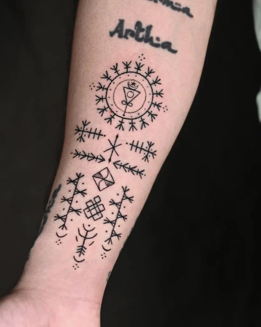 Big Geometric Runic symbols and script on Men Arm Tattoo by @samtattooindia