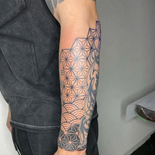 Big Geometric Sacred Geometry and Waves on Men Arm Tattoo by @yasu.tattoo