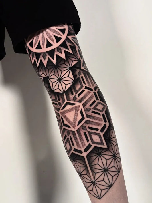 Big Geometric Sacred Geometry on Men Leg Tattoo by @mitchin.tattoos