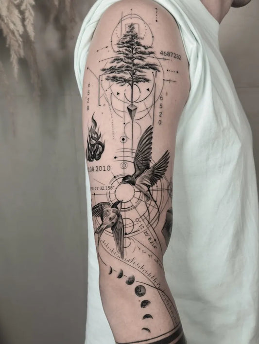 Big Geometric Sacred Tree Birds Moon on Men Arm Tattoo by @gab7sz