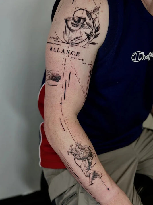 Big Geometric Skull Rose Heart on Men Arm Sleeve Tattoo by @pmtsketch