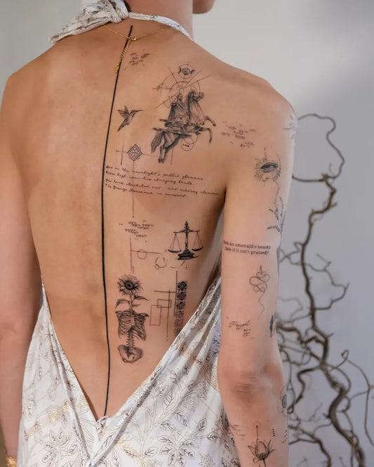 Big Geometric Spinal Line with Bird and Horseman on Women Back Tattoo by @ink.carolw