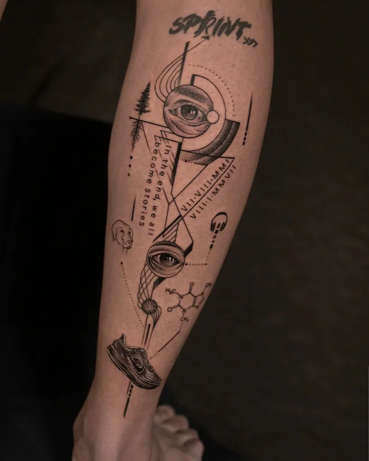 Big Geometric Sprint Eyes Sneaker on Men Leg Tattoo by @samtattooindia