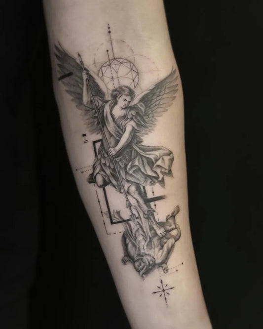 Big Geometric St Michael and Dragon Tattoo on Women Arm by @wtf.jian.tattoo