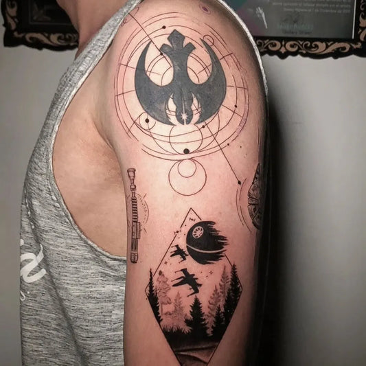 Big Geometric Star Wars Rebel Symbol and Death Star Tattoo on Men Arm by @javier.rubiano_tattoo