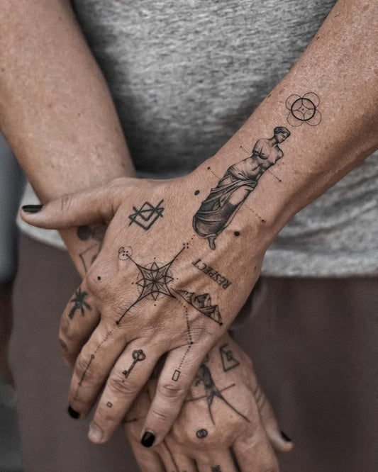 Big Geometric Statue and Symbols on Women Arms Tattoo by @gabrielepalma_