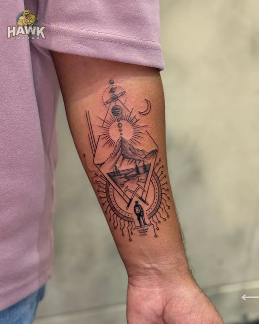 Big Geometric Sun Moon Mountain on Men Arm Tattoo by @hawktattooofficial