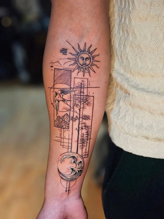 Big Geometric Sun Tree Moon on Men Arm Tattoo by @blackmastertattoos