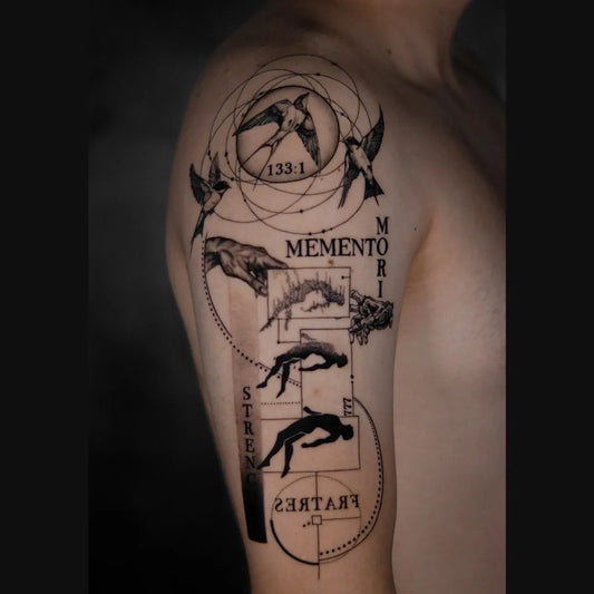 Big Geometric Swallows and Memento Mori on Men Arm Tattoo by @iam.crw
