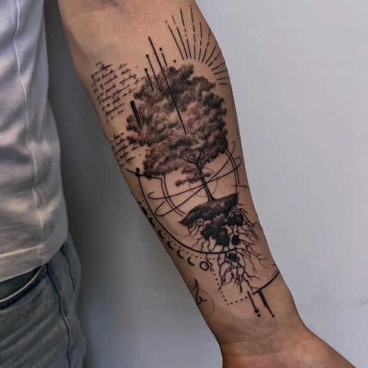 Big Geometric Tree with Roots and Script on Men Arm Tattoo by @artcraft_tattoo