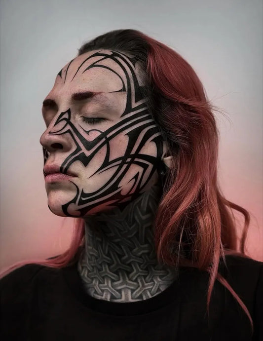 Big Geometric Tribal Patterns on Women Face and Neck Tattoo by @geometrip_small